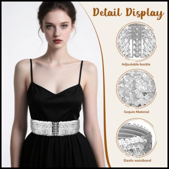 Sequin Elastic Belt, Wide Waist Cinch, Adjustable Stretchy Belt for Women main image 5